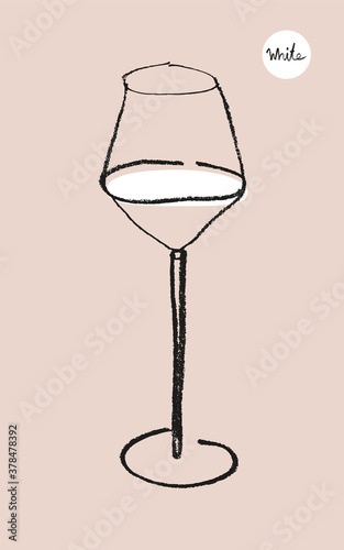 Wine glass icon for logo design. Hand-drawn line art with artistic pencil texture. Symbol of wine glass for emblem vineyard, organic wines banner, autumn wine festival, bar sign template. White wines.