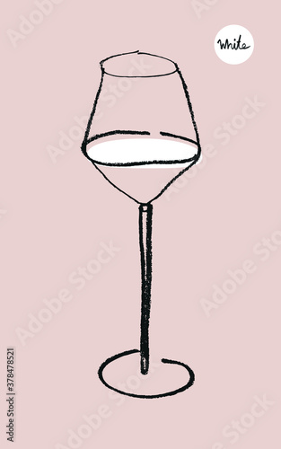 Wine glass icon for logo design. Hand-drawn line art with artistic pencil texture. Symbol of wine glass for emblem vineyard, organic wines banner, autumn wine festival, bar sign template. White wines.