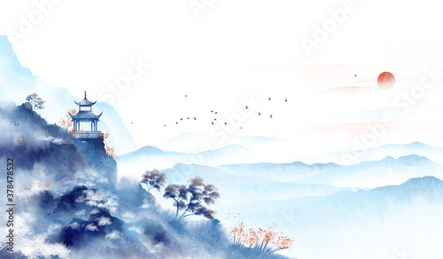 Blue ink landscape painting, oriental color ink painting.Asian culture. © oliverzs