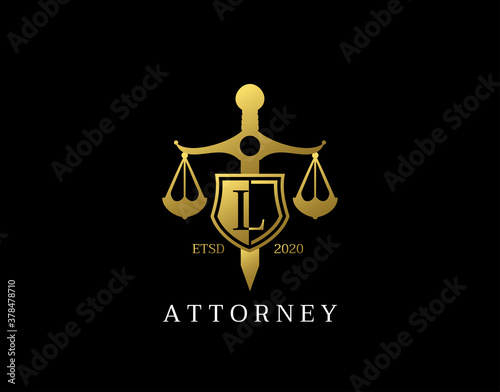 L Letter Law Logo design with golden sword, shield, wreath symbol vector design. Perfect for for law firm, company, lawyer or attorney office logo.