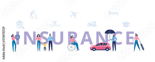 Insurance banner with huge inscription and symbols flat vector illustration.