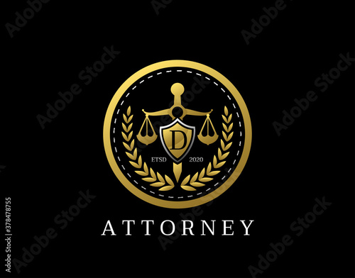 Letter D Law Logo design with golden sword, shield, wreath symbol vector design. Perfect for for law firm, company, lawyer or attorney office logo.