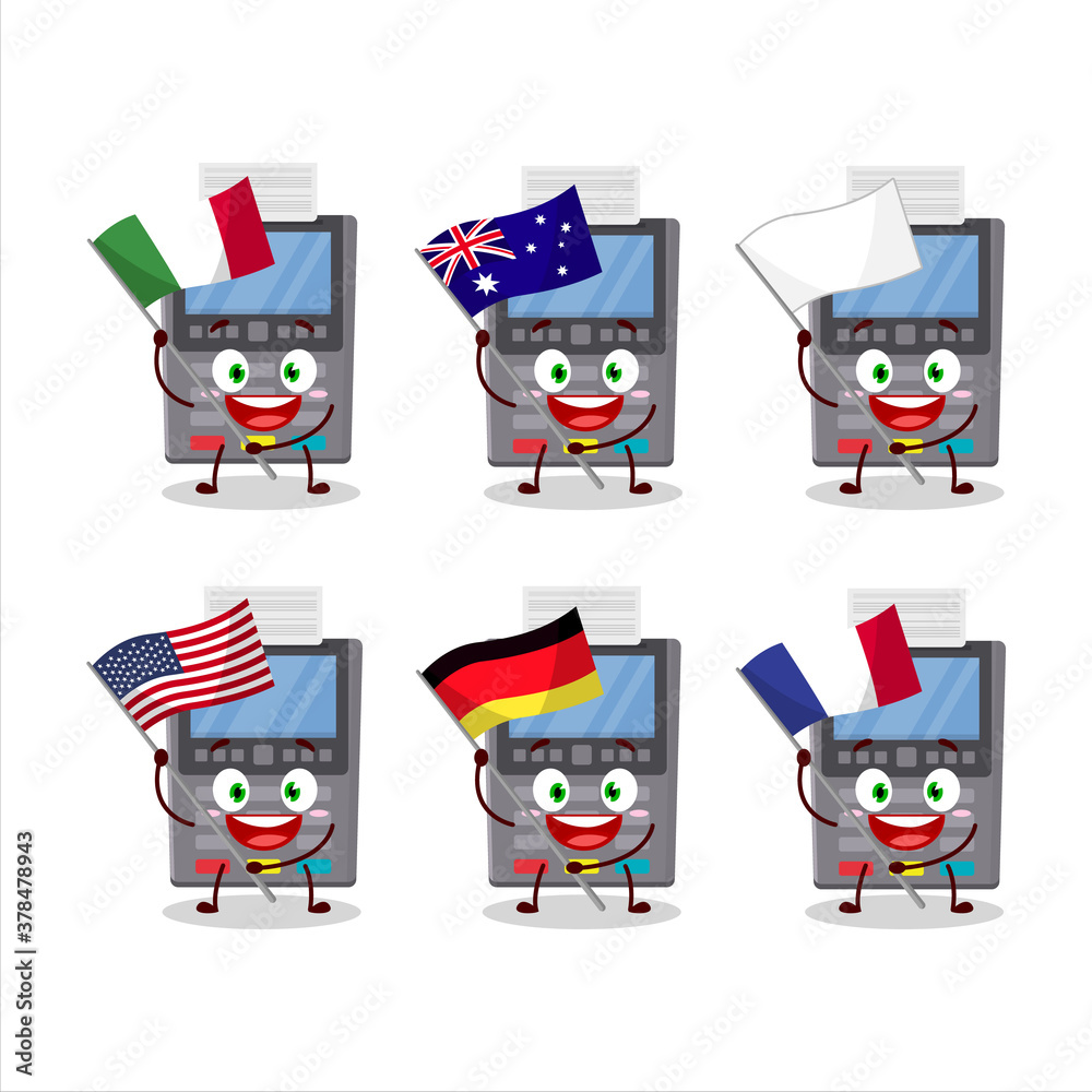 Grey payment terminal cartoon character bring the flags of various countries Grey payment terminal cartoon character bring the flags of various countries