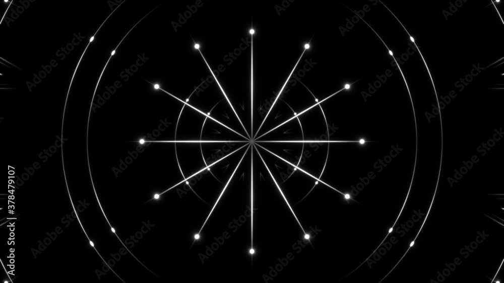 motion white shapes and flashing light on black background, loop