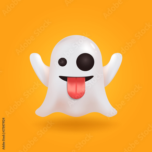 Ghost social media chat emoticon. Cute emoji. Realistic 3D render vector.  Halloween spirit element.