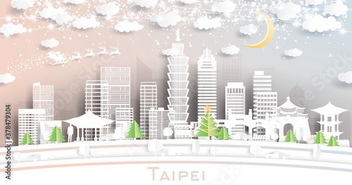 Taipei Taiwan City Skyline in Paper Cut Style with Snowflakes  Moon and Neon Garland.