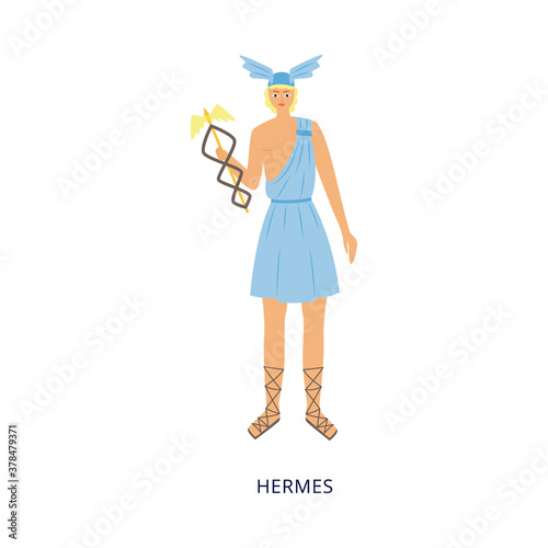 Greek god Hermes character of Greek mythology flat vector illustration isolated.