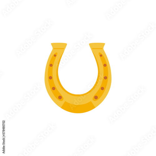 Golden horseshoe for good luck and fortune, flat vector illustration isolated.