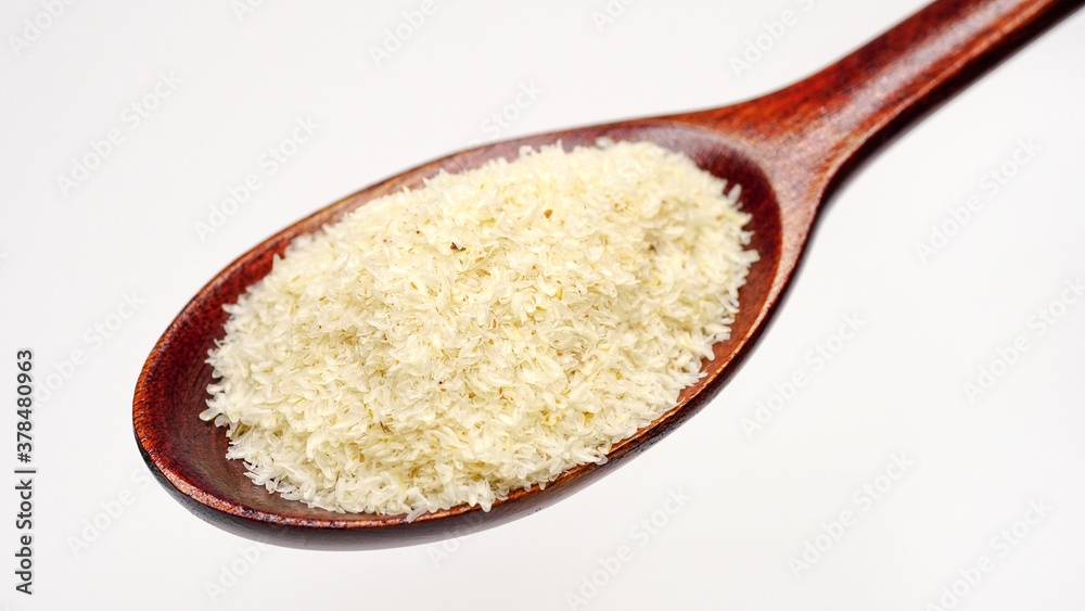 Close up of psyllium (ispaghula) husk in wooden spoon.Psyllium husk also called isabgol is fiber derived from the seeds of Plantago ovata plant found in India. Selective focus.
Close up of psyllium (ispaghula) husk in wooden spoon.Psyllium husk also called isabgol is fiber derived from the seeds of Plantago ovata plant found in India. Selective focus.