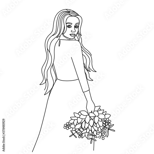 The girl turned around, holding a bouquet in her hand. Silhouette of a young beautiful woman with long hair. Black outline, line art on a white background. Cute coloring book, vector.