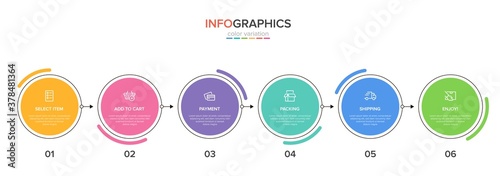 Concept of shopping process with 6 successive steps. Six colorful graphic elements. Timeline design for brochure, presentation, web site. Infographic design layout.