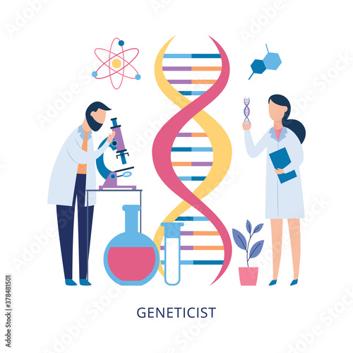 Geneticist medical examination with doctors flat vector illustration isolated.