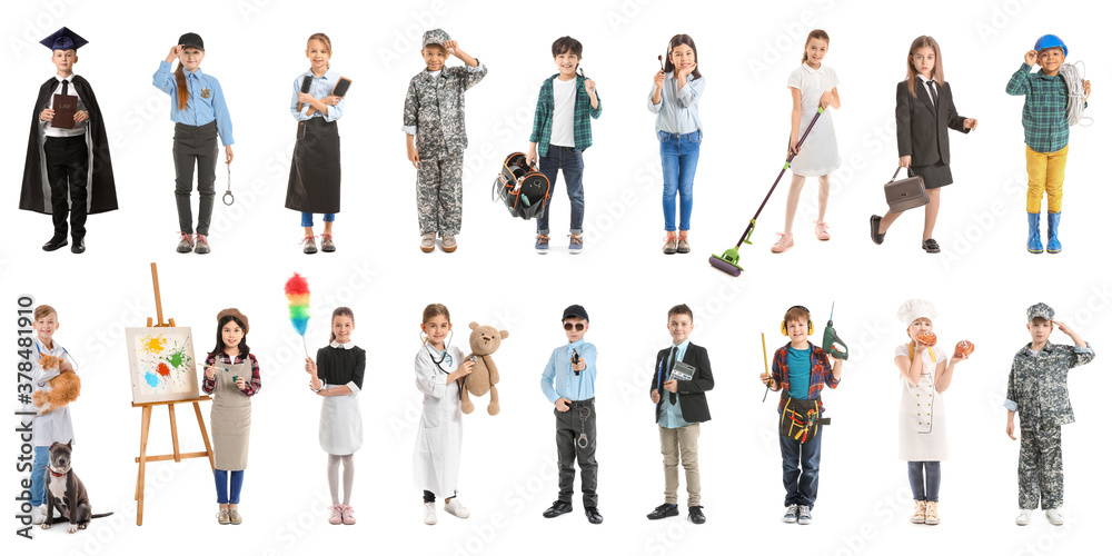Collage with little children in uniforms of different professions on white background - obrazy, fototapety, plakaty 