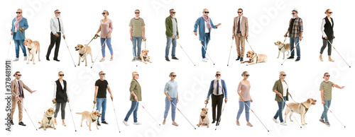 Collage with blind people on white background