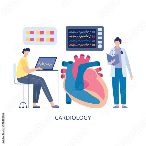 Cardiology treatment or heart diseases diagnosis banner flat vector illustration.