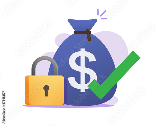 Money secure payment lock transfer received vector icon, cash transaction sent success or approved check mark flat cartoon, protected financial private padlock, electronic digital online safety