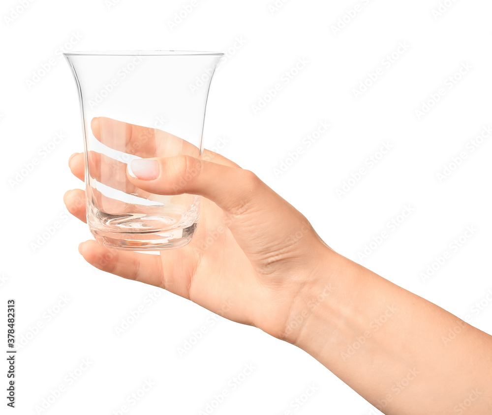 Hand with empty glass on white background Hand with empty glass on white background
