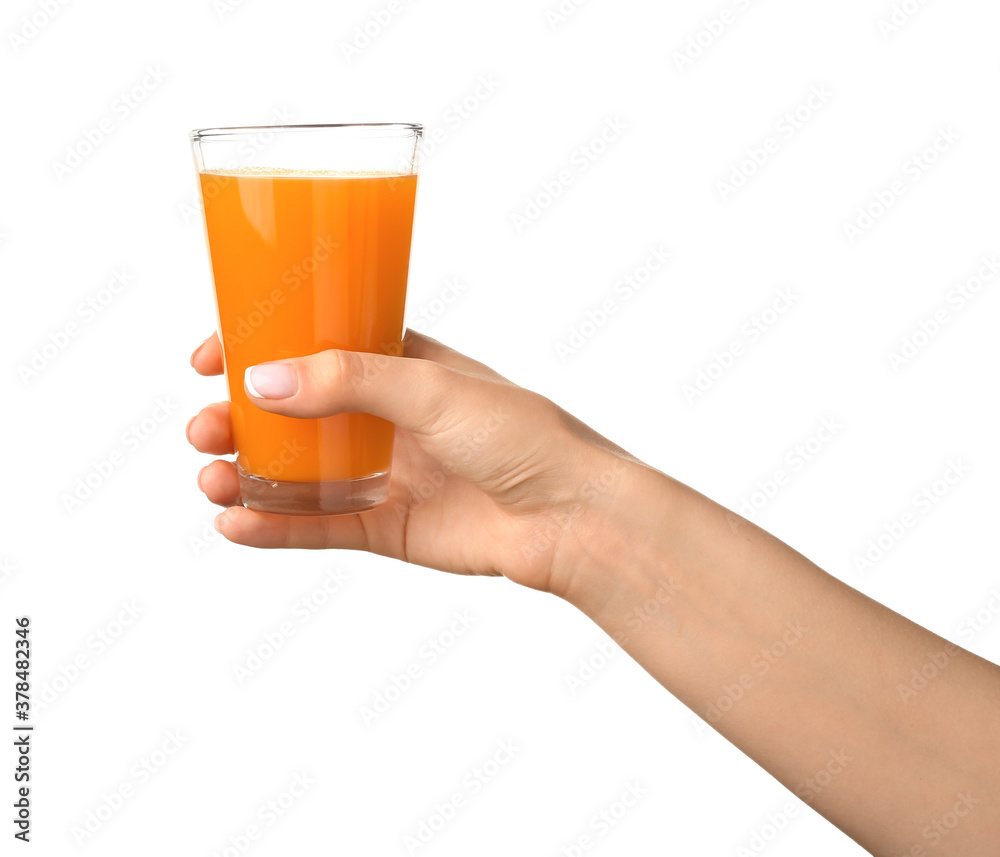 Hand with glass of fresh juice on white background Hand with glass of fresh juice on white background