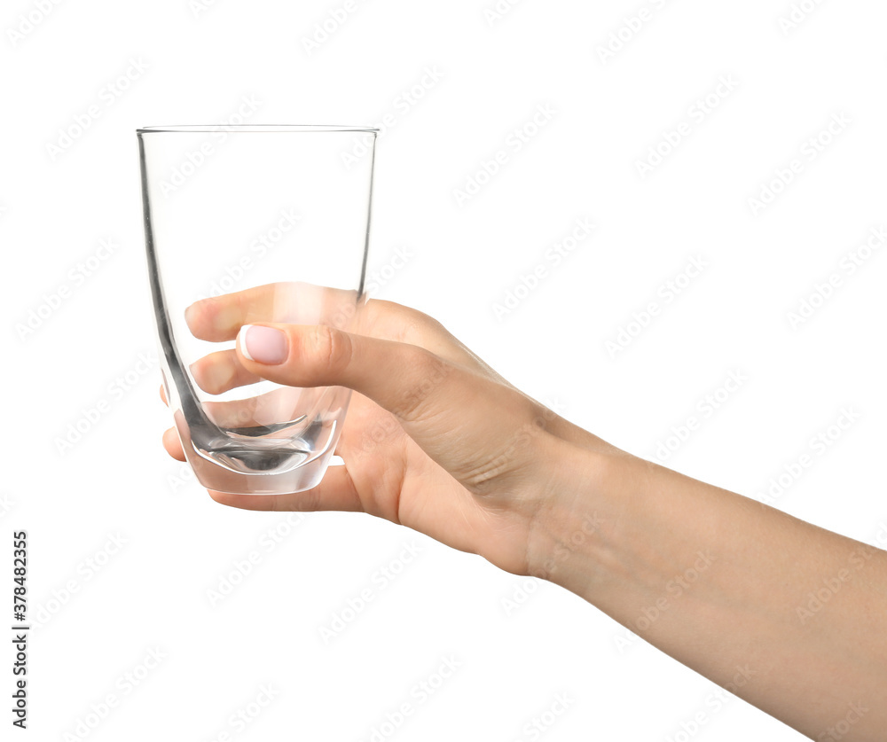 Hand with empty glass on white background Hand with empty glass on white background