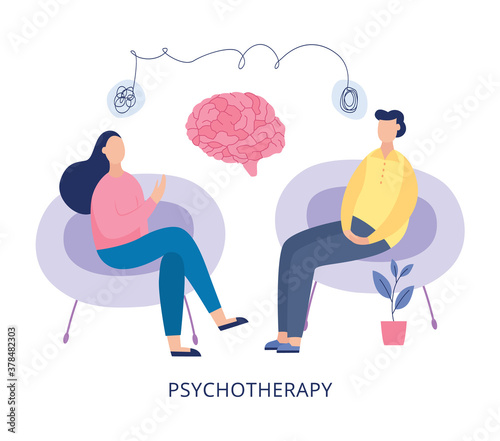 Psychotherapy poster - cartoon people at mental heath therapy session s