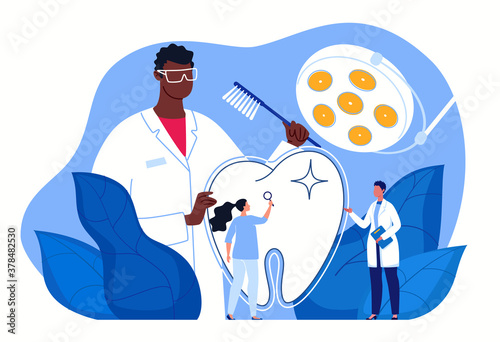 Dentist examination. Dentistry and healthcare concept - clean and neat teeth. White healthy teeth, professional dental care. Vector flat cartoon illustration.