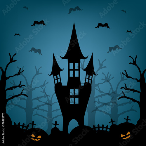 Halloween night with castle in cemetery. Halloween background. Vector illustration.