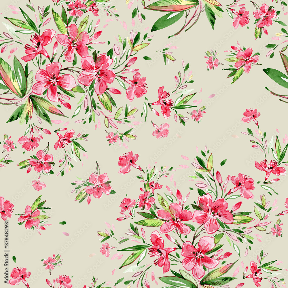 Fototapeta premium Seamless stylish pattern from sketching exotic flowers with paints and pencils