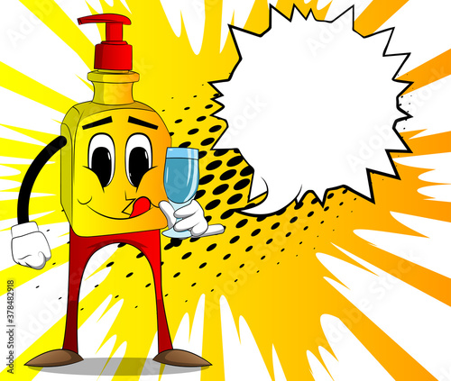 Cartoon bottle of hand sanitizer gel for hygiene with face holding a glass of water.