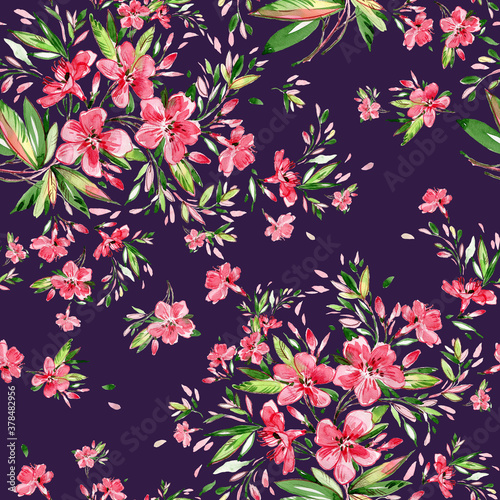 Seamless stylish pattern from sketching exotic flowers with paints and pencils