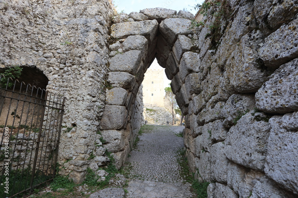 Arpino, Italy - September 16, 2020: The round arch at the entrance to the ancient city on the acropolis of Arpino