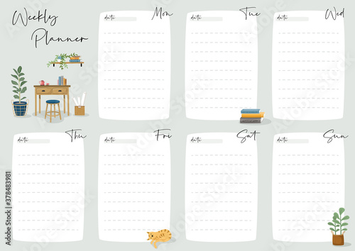 Set of weekly planner and to do list with home interior decor illustrations. Template for agenda, schedule, planners, checklists, notebooks, cards and other stationery.