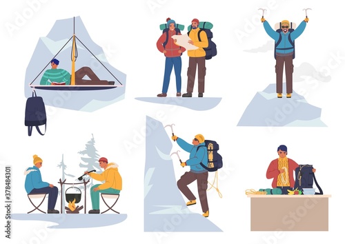Mountain climber cartoon character set, flat vector illustration. People climbing rock wall, sitting near campfire, taking rest. Mountain climbing, extreme sport, outdoor adventure, mountaineering.
