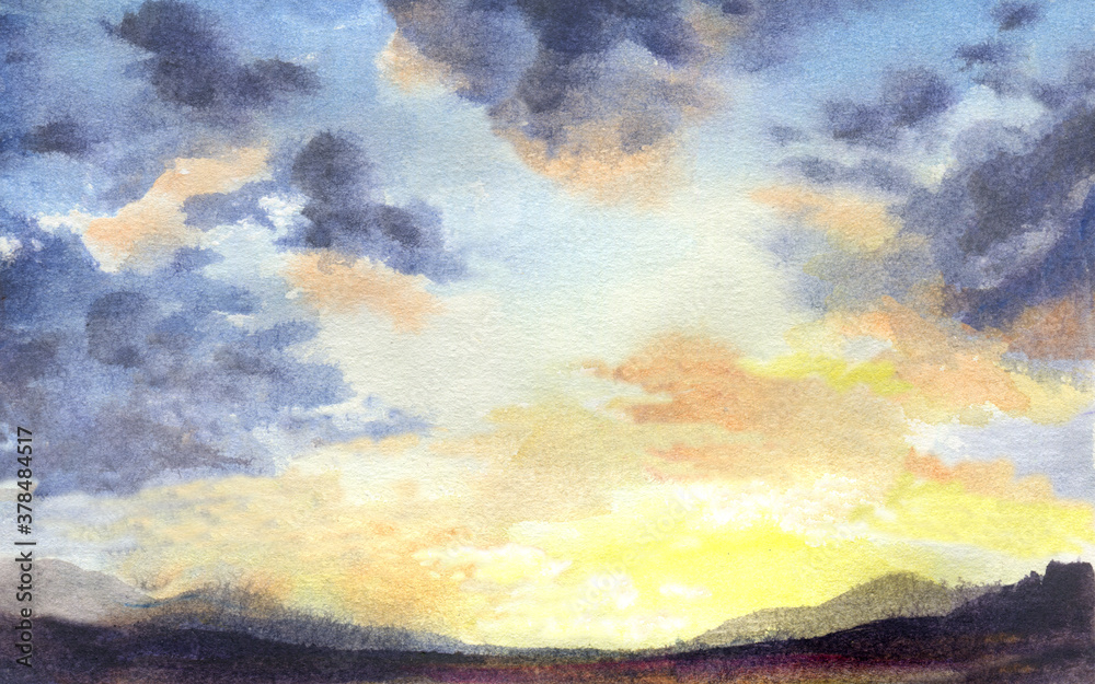 watercolor illustration of sunset sky with clouds. hand paint nature background