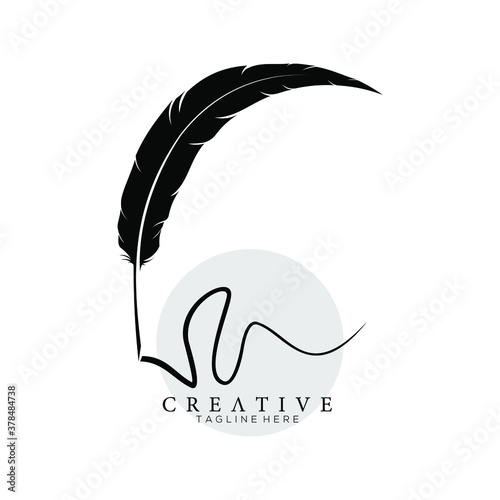 feather pen logo silhouette with circle light grey vector design template