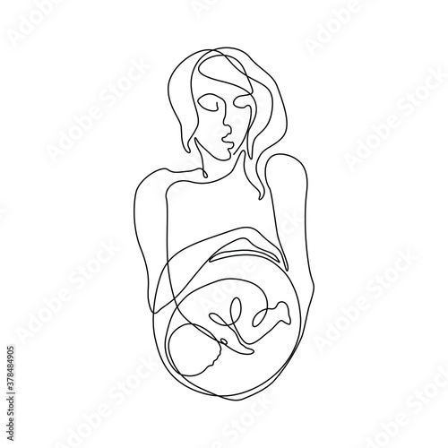 Pregnant woman abstract silhouette, pregnancy, continuous line drawing, print for clothes and logo design, emblem or logo design, isolated vector illustration.
