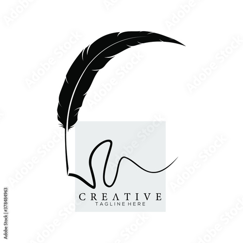 feather pen logo silhouette with square light grey vector design template