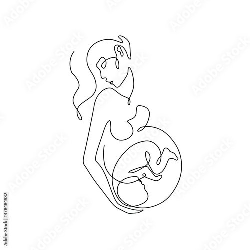 Pregnant woman abstract silhouette, pregnancy, continuous line drawing, print for clothes and logo design, emblem or logo design, isolated vector illustration.