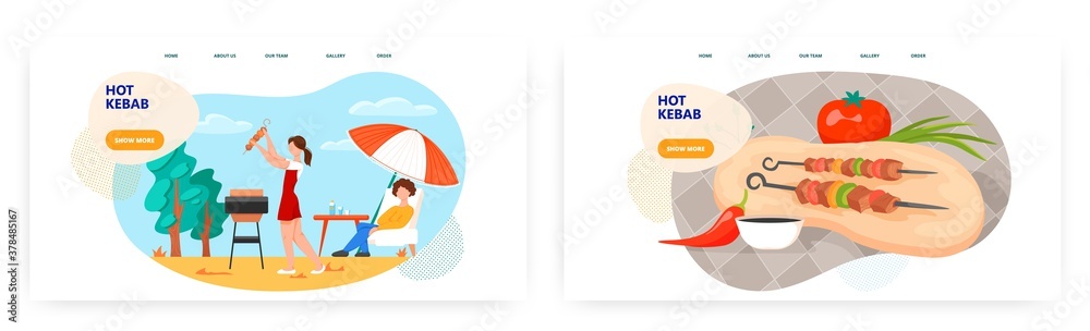 Woman grills barbecue in a park. Shish kebab, meat on a skewer. BBQ Concept illustration. Vector web site design template. Couple enjoy weekend and grill kebab