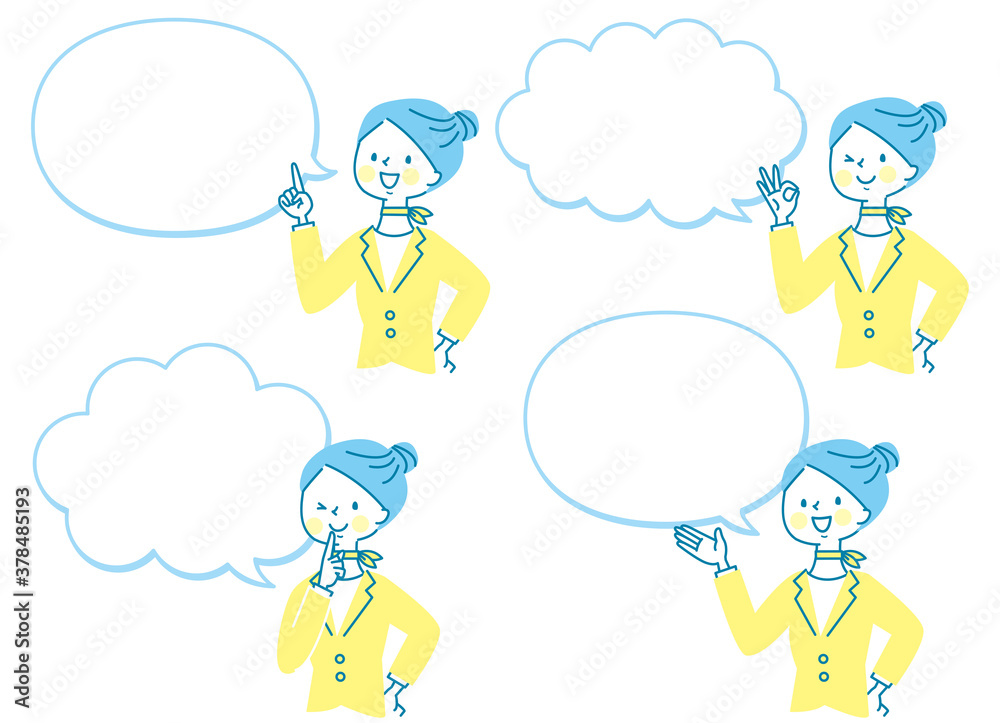 スーツ姿の女性表情セットと吹き出し	
