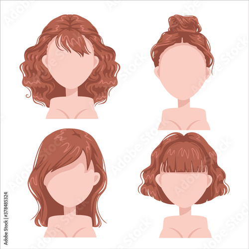 Red hair woman set. Beautiful hairstyle blonde hair woman. Curly and straight hair