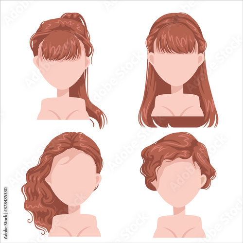 Red hair woman set. Beautiful hairstyle blonde hair woman. Curly and straight hair