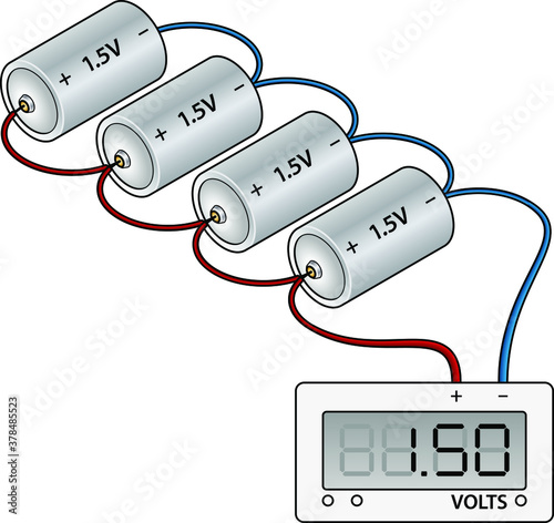 Four dry cell batteries wired to a voltmeter in parallel.