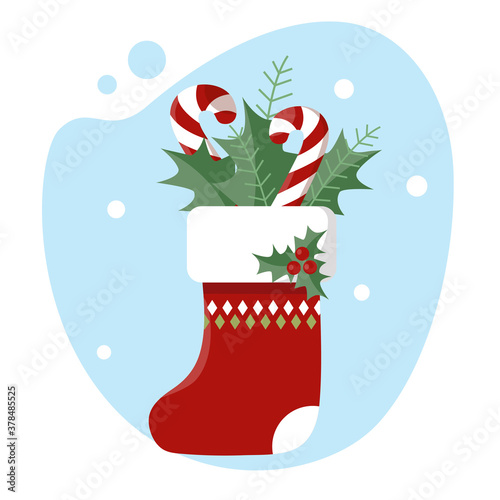 Christmas stocking decorated with holly leaves and candies. Vector holiday illustration. 