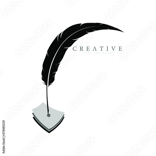 feather pen logo silhouette with 3 sheets of paper vector design template