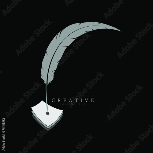 feather pen logo white with 3 sheets of paper vector design template.