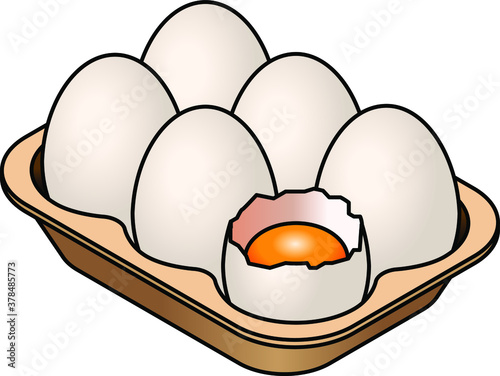 A carton of 6 white eggs with one broken open to show the yolk.