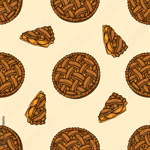 Seamless pattern with hand drawn colored apple pie