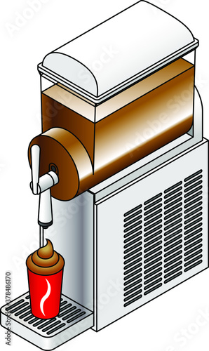 A frozen soda dispenser machine with brown cola flavored drink and one filled cup.