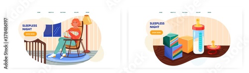 Mother breastfeeding and trying to put to sleep her newborn baby. Materinity and baby care concept illustration. Vector web site design template. Milk bottle, toys, pacifier