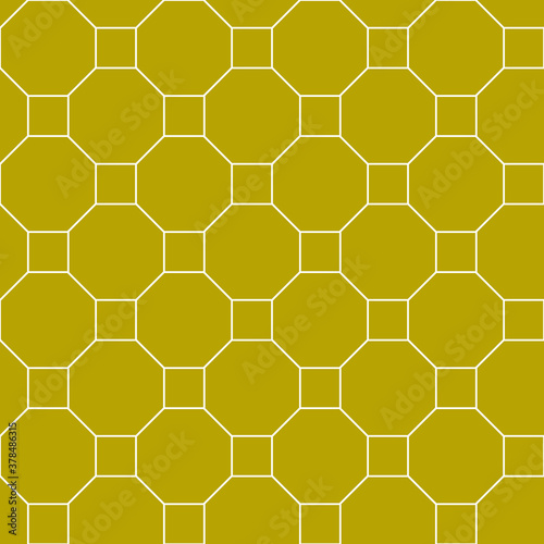 Contemporary tessellated repeating octogon and squares pattern of white linear shape outlines on a gold background, geometric vector illustration